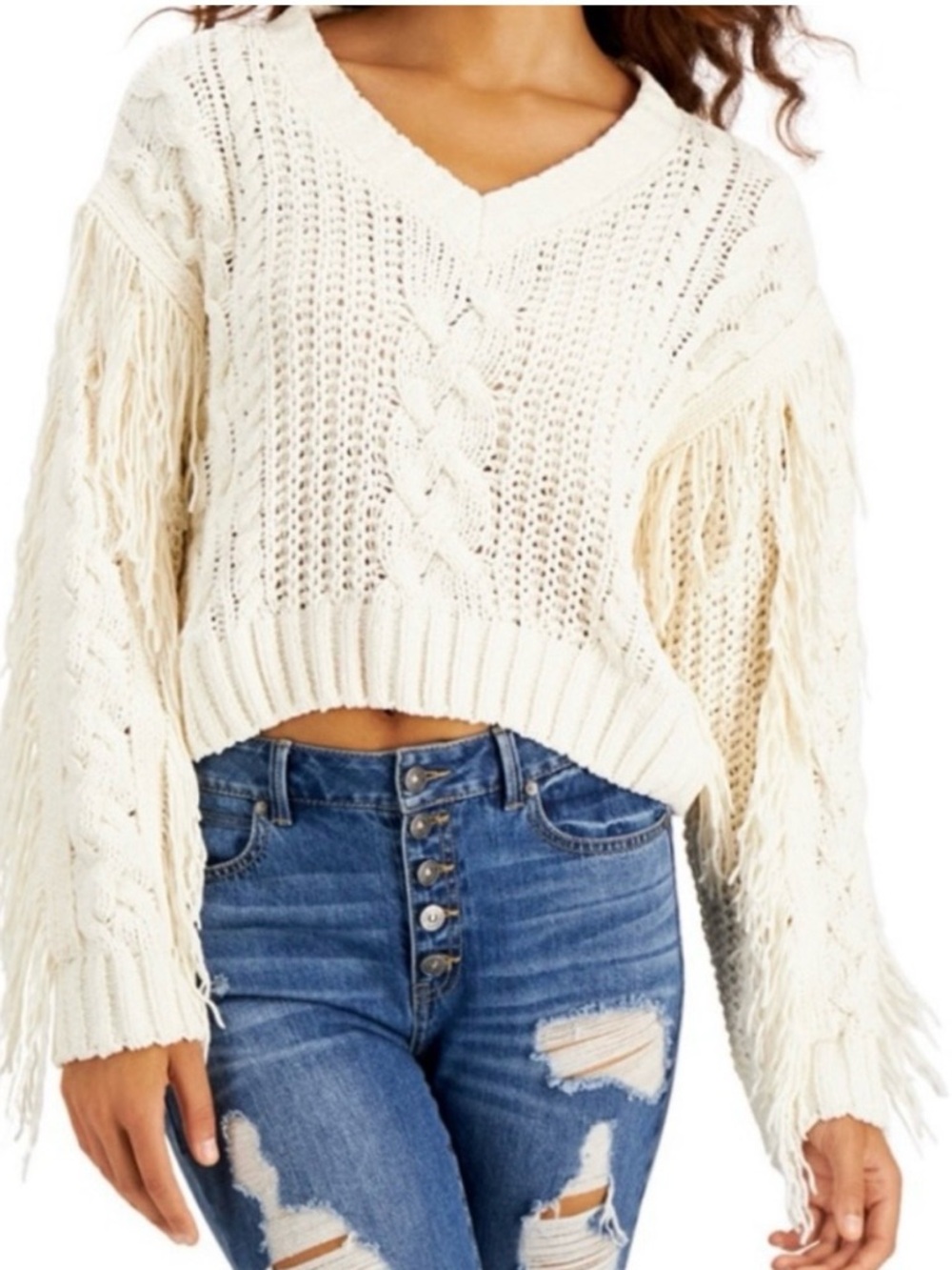 Women's White Cable-Knit Fringe V-Neck Sweater